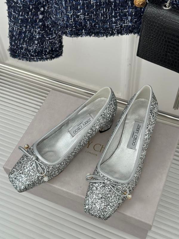 Jimmy Choo Zhou Yangjie's Classic Bow-Tie Pearl Theel Ballet Simple Shoes Shoes