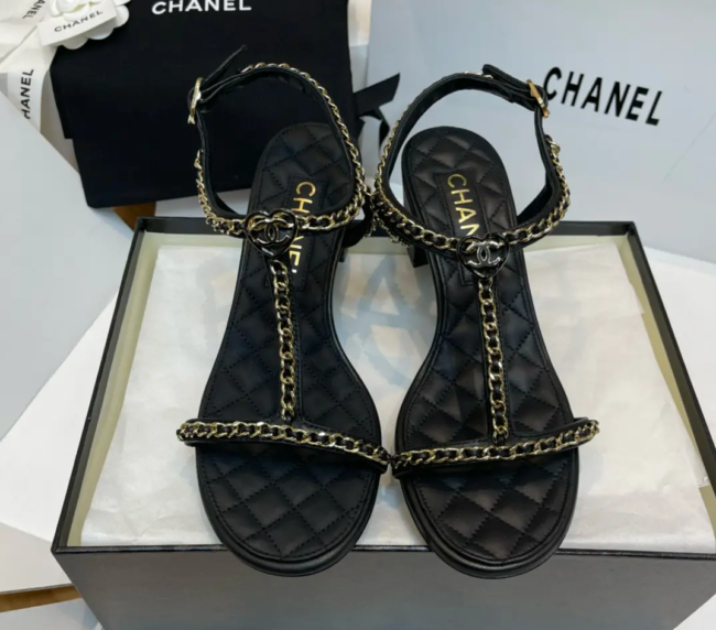 Chanel Leather Chain Small Square Heel Sandals