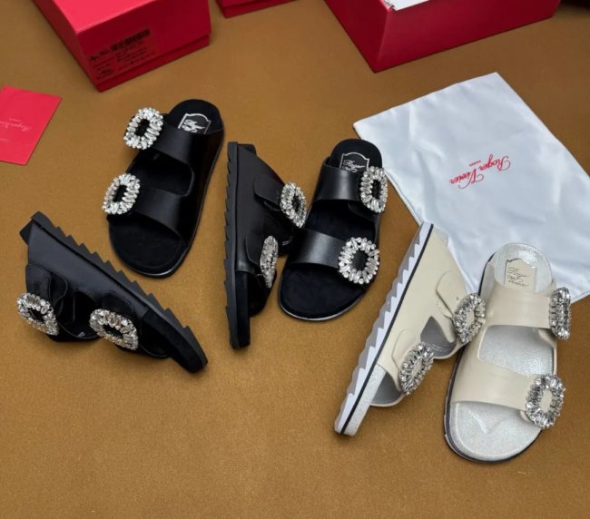 Roger Vivier's Rhinestone Leather Buckle Slippers Sandals