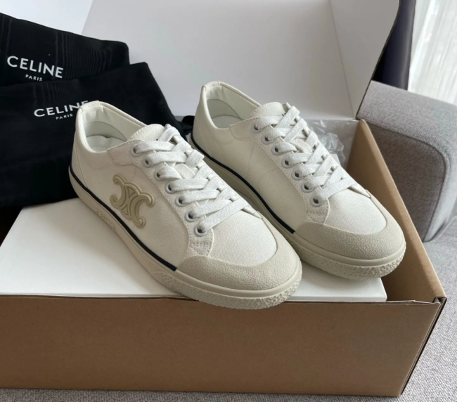 【CELINE】2025 hot ALANT RIOMPHE Tannin Denim Arc de Triomphe Canvas White Shoes (2)