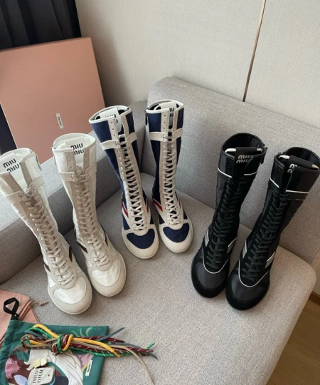 【Miu Miu】New Gymnasium Tech Fabric and Suede Leather Boxing Boots (39)