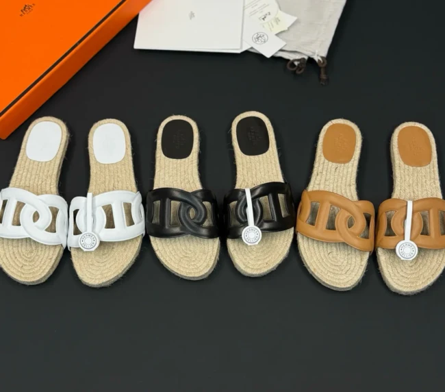 HERMES Hermes latest H-drag Hermes pig nose straw woven flat slippers (1)