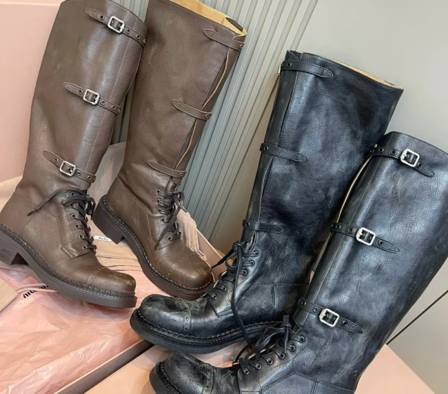 MuMiu Distressed Three-Buckle AutumnWinter Retro Biker Boots (2)