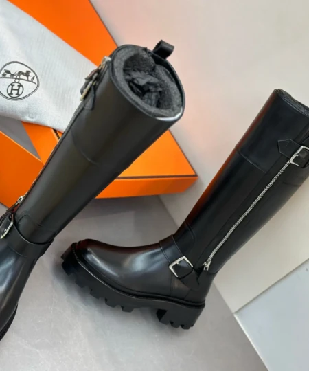 Hermes 🐎 Jaime Boots Collection Classic Motorcycle-Style Buckle Knight Boots Side Zipper Thick-Sole Straight Boots (4)
