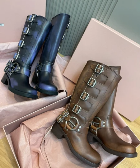 Top-of-the-line Miu Miu Buckle-Dressed Distressed Biker Boots (1)
